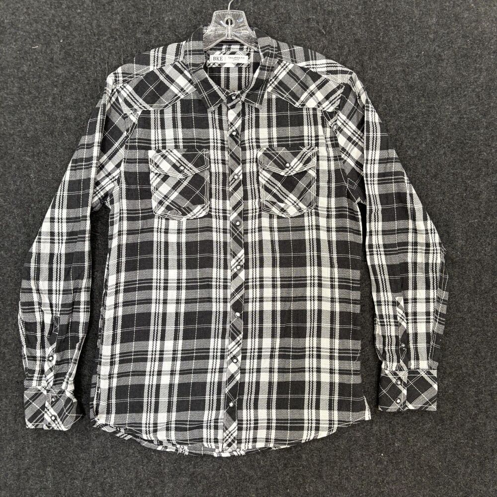 BKE Shirt Men's Large Black Plaid Flannel Western Pearl Snap Tailored Fit